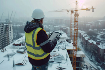 builder in a white helmet and a yellow vest holds clipboard, stands on the roof, in winter