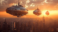Steampunk Airships Floating Above A Victorian Inspired Futuristic City Sunset Backdrop
