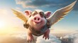 © Ahcona - A pig with wings and goggles,flying on heaven , hell , 3d cartoon