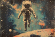 Astronaut floating over the moon's surface with cosmic nebula. Vintage print style illustration for space exploration and adventure concept design for posters, wallpaper, and sci-fi themed decor