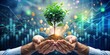 a man holds his hands open and a money tree grows from his hand, the soil of the tree consists of coins