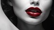 © kapros76 - An alluringly intimate portrait of a woman's elegant features on black-and-white photograph. Her lips, painted a deep crimson, exude sensuality and mystery