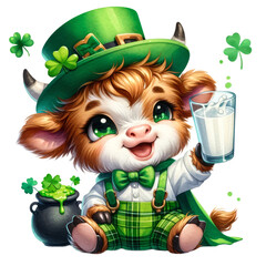 Wall Mural - Baby Highland Cow Kid Drinking Milk in St. Patrick's Day Baby Animal, Delightful Watercolor Clipart with Leprechaun Hat and Clover