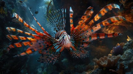 in the sun-drenched underwater landscape, among rocky crevices, an ethereal lionfish proudly display