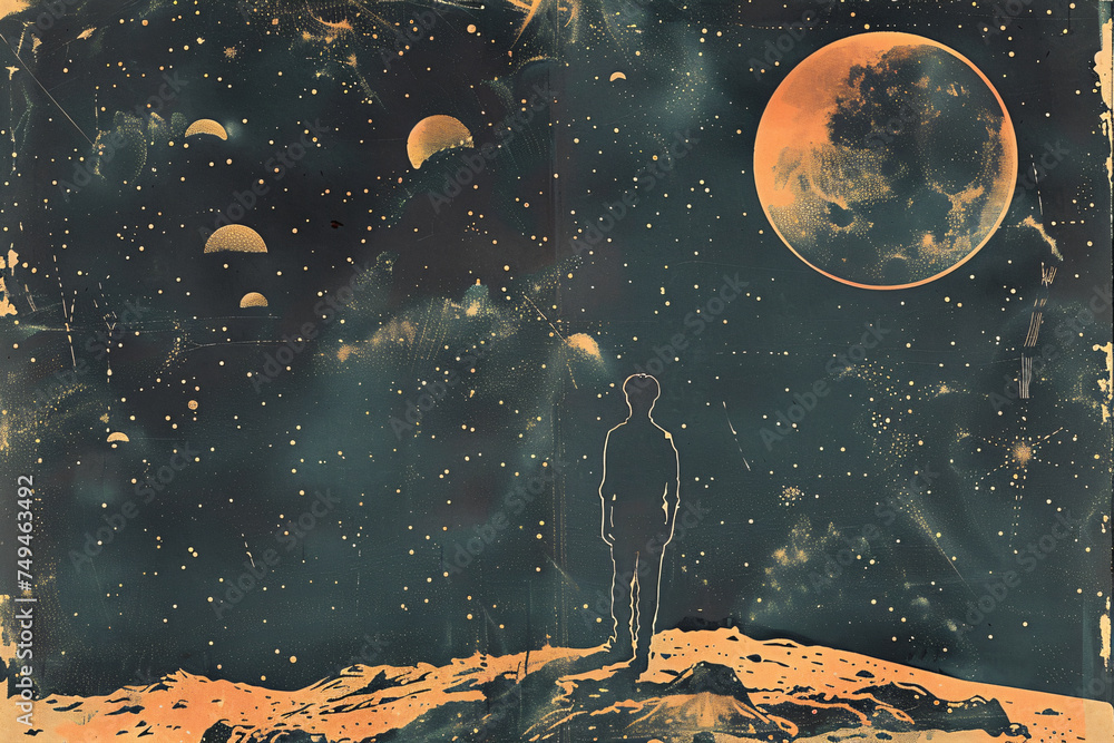Silhouette of astronaut on alien planet with moonscape. Conceptual art ...
