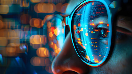 Sticker - Data reflecting on eyeglasses on man's face. Computrer programmer big data and ux designer concept