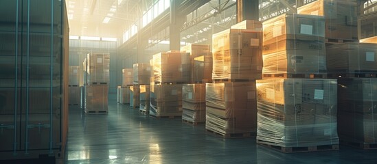 Wall Mural - This image showcases a large warehouse filled with an abundance of packaging boxes stacked and wrapped in protective plastic film. The boxes are neatly organized on pallets with corner protectors