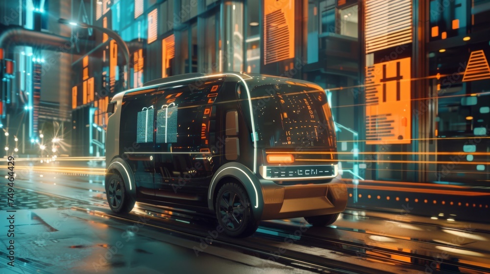 An autonomous electric vehicle drives through a futuristic city with ...