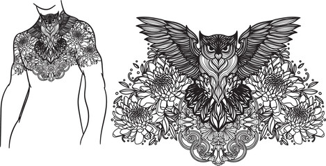 Wall Mural - Tattoo art owl and flower hand drawing sketch black and white