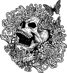 Wall Mural - Skull tattoo art with flowers and butterfly drawing sketch black and white