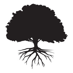 Black silhouette oak tree with roots