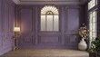 entrance to the church.a high-quality 3D render illustration mockup highlighting the charm of a classic loft interior, with special attention to the perple wall panel and ornate moldings. Ensure a rea