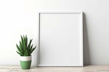 White Empty Vintage Wooden Picture Frame Hangs On A Textured Interior Wall For A Touch Of Architectural Decoration With Green Plants Close White Wall. Frame Mockup, 3d Poster Mockup 