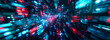 © Andrey - Dynamic digital data streams flow through a futuristic corridor; vibrant neon lights create a high-speed motion effect, illustrating complex computing or virtual reality. Futuristic background.