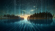 Nighttime Water Reflection Blend: A futuristic digital concept illustrating the interplay of technology, data, and light in a cityscape, creating a mesmerizing water reflection under the night sky