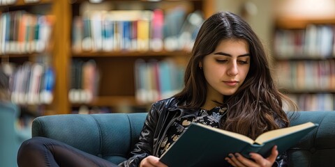 Female student reading a book in the library - academic research for finals or a PHD thesis. Performing scholastic learning with books for reports and homework