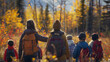 © sderbane - Woman teacher with class of kids exploring outdoors in early spring.