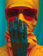 Person wearing sunglasses with hand covering face, hiding eyes and forehead