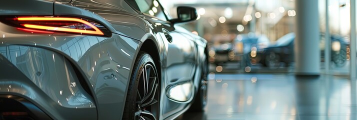 Canvas Print - New car sitting on the showroom floor of a car dealership. Interior display of a gray sportscar. 