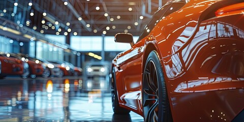 Canvas Print - New car sitting on the showroom floor of a car dealership. Interior display of a blue sportscar. 