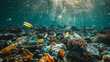 Underwater view of a coral reef surrounded by discarded bottles and bags, waste in marine ecosystems