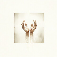 Poster - Sacred Scars: The Stigmata of Christ. Sketch of the hands of Jesus Christ on a white background. Digital painting.