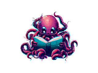 Wall Mural - octopus reads a books Png illustration clipart