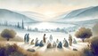 Jesus preaching in Galilee and gathering his disciples. Life of Jesus. Digital illustration. Watercolor style.