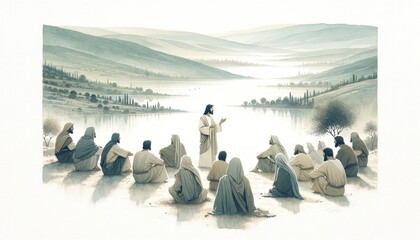 Wall Mural - Jesus preaching in Galilee and gathering his disciples. Life of Jesus. Digital illustration. Watercolor style.