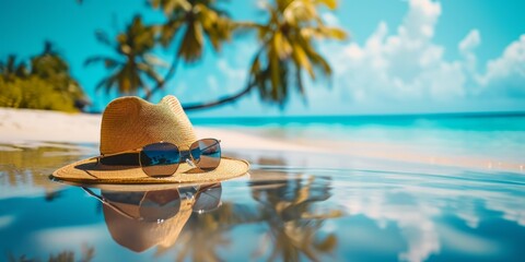 A straw hat and sunglasses rest on the beach, basking in the warm sun and gentle sea breeze. The serene scene exudes relaxation and tranquility.