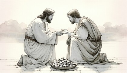 Wall Mural - The betrayal of Judas. Judas agreeing to betray Jesus for thirty pieces of silver. Life of Jesus. Digital illustration.
