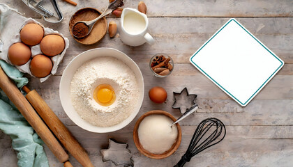 ingredients for homemade cake, empty paper (space) or signboard near them to text