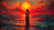 Oil painting of a Woman standing in the sea with the setting sun in the background