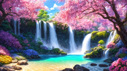 Wall Mural - A beautiful paradise land full of flowers,  sakura trees, rivers and waterfalls, a blooming and magical idyllic Eden garden