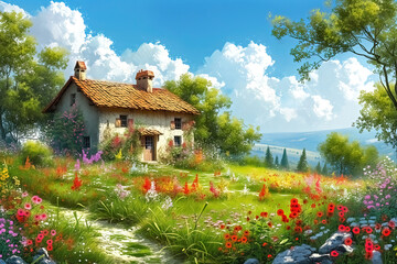Wall Mural - Summer landscape of the Polish countryside, an old wooden house surrounded by fields, meadows and flowers, idyllic view, oil painting.
