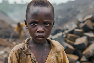 Wall Mural - conceptual image African child who suffers working all day in inhumane conditions at cobalt mining in the Congo. bright impressive and fascinating photo