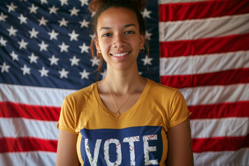 Wall Mural - young Black female USA American election voter portrait in front of American flag