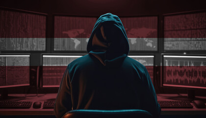 Cyber threat from the Latvia. Hacker at the computers on a background of monitors, colors of the Latvia flag.