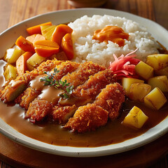 Wall Mural - A delicious and appetizing image of Katsu Curry, featuring a large, golden-brown, crispy pork cutlet laid over a bed of steaming white rice, all generously smothered with thick, rich curry sauce.