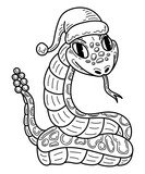 Fototapeta Dinusie - Rattlesnake in Santa Claus hat sketch. Hand drawn line art illustration.