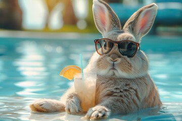 Wall Mural - Cool Easter bunny with sunglasses and a cocktail at the swimming pool.