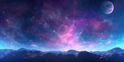 Wall Mural - surface planet space purple dark blue star nebula mountains atmosphere galaxy.
