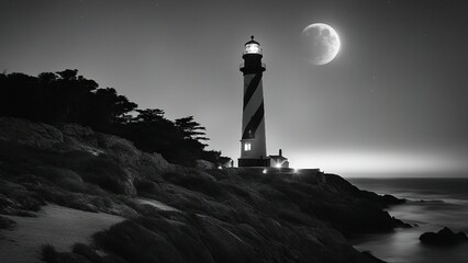 Wall Mural - lighthouse at night black and white photo of Romantic lighthouse near Atlantic seaboard shining at night  