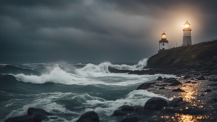 Wall Mural - storm over the sea A lighthouse in a stormy landscape, 