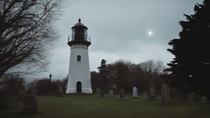 Canvas Print -  at sunset A lighthouse in a haunted cemetery, where a ghost is floating near the window.  