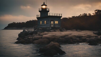 Wall Mural - lighthouse at sunset  is actually a secret hideout for a group of pirates that use the light as a decoy  