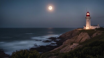 Wall Mural - lighthouse at night  Romantic lighthouse near Atlantic seaboard shining at night in the bright of the moon 