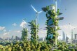 A futuristic renewable energy complex with vertical wind turbines and high-efficiency solar panels in an urban setting Architecture for energy conservation and sustainability
