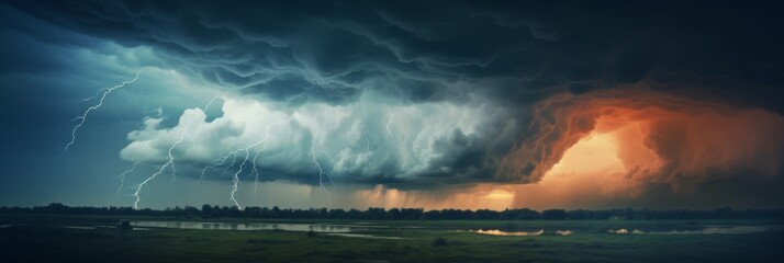 Wall Mural - dramatic huge clouds of thunderstorm on sky with sunset