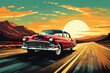 Classic vintage car on highway illustration. Beautiful retro car driving along the highway. Summer road trip adventure, vintage car driving along a scenic coastal highway. Beautiful Vintage car.